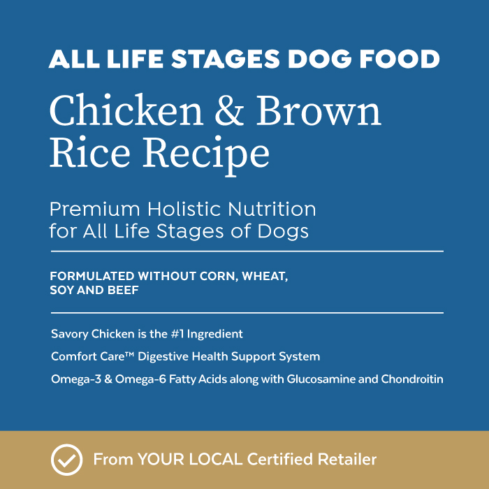 Close-up image of Infinia® Chicken & Brown Rice Recipe All Life Stages Dog Food bag