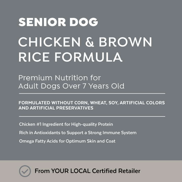 Close-up image of Exclusive® Signature Senior Adult Formula Dog Food bag