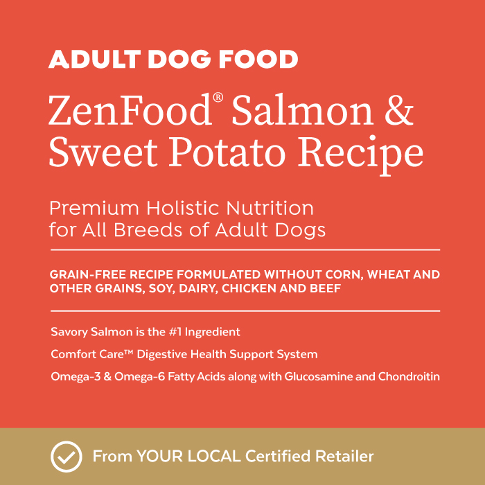 Close-up image of Infinia® ZenFood® Salmon & Sweet Potato Dog Food bag