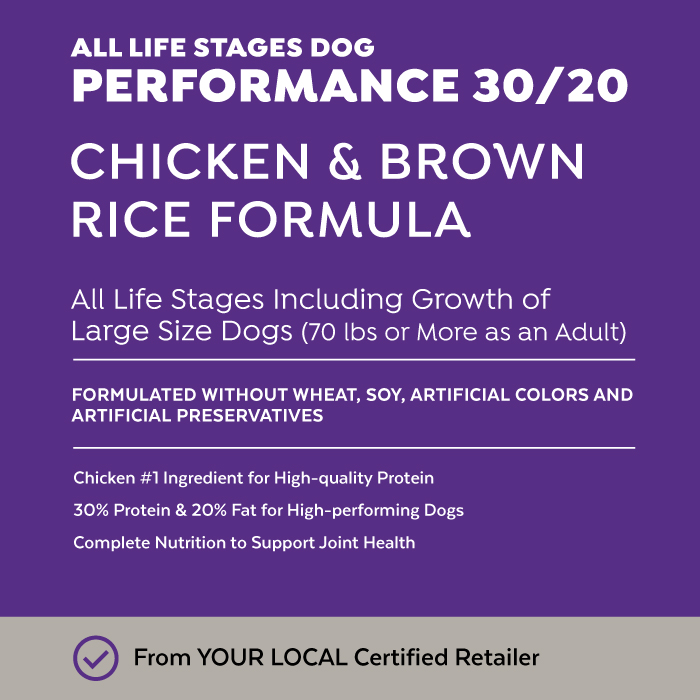 Close-up image of Exclusive® Signature Performance 30/20 All Life Stages Dog Food bag
