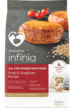 Image of Infinia® Pork & Sorghum Recipe All Life Stages Dog Food bag