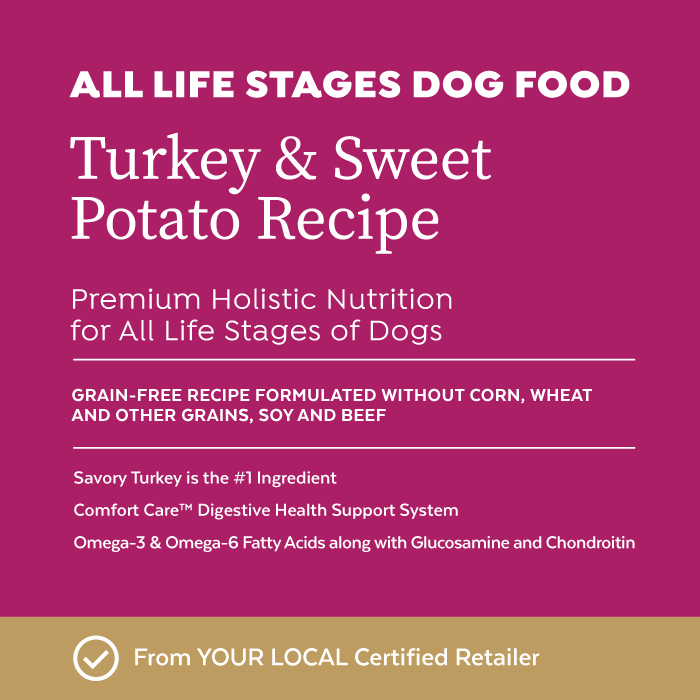 Close-up image of Infinia® Turkey & Sweet Potato Recipe All Life Stages Dog Food bag