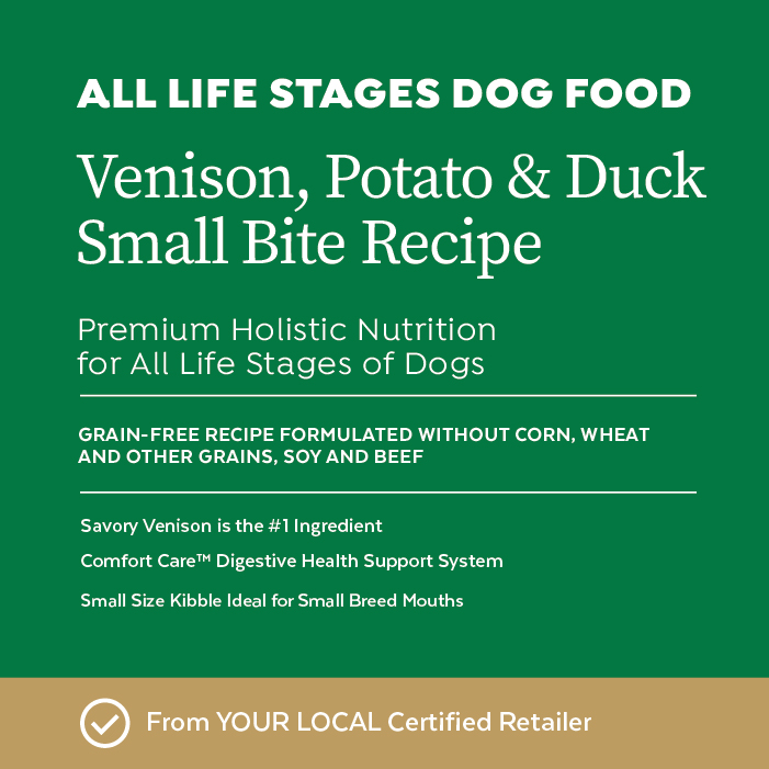 Close-up image of Infinia® Venison, Potato & Duck Recipe All Life Stages Dog Food bag