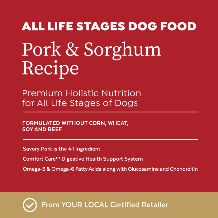 Close-up image of Infinia® Pork & Sorghum Recipe All Life Stages Dog Food bag