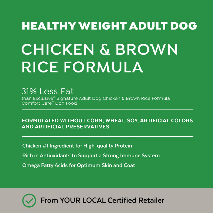 Close-up image of Exclusive® Signature Healthy Weight Adult Formula Dog Food bag